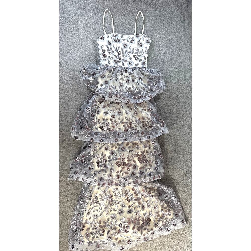 Dress the Population Formal‎ Dress Full Length Tiered Sequin Embroidered Prom XS